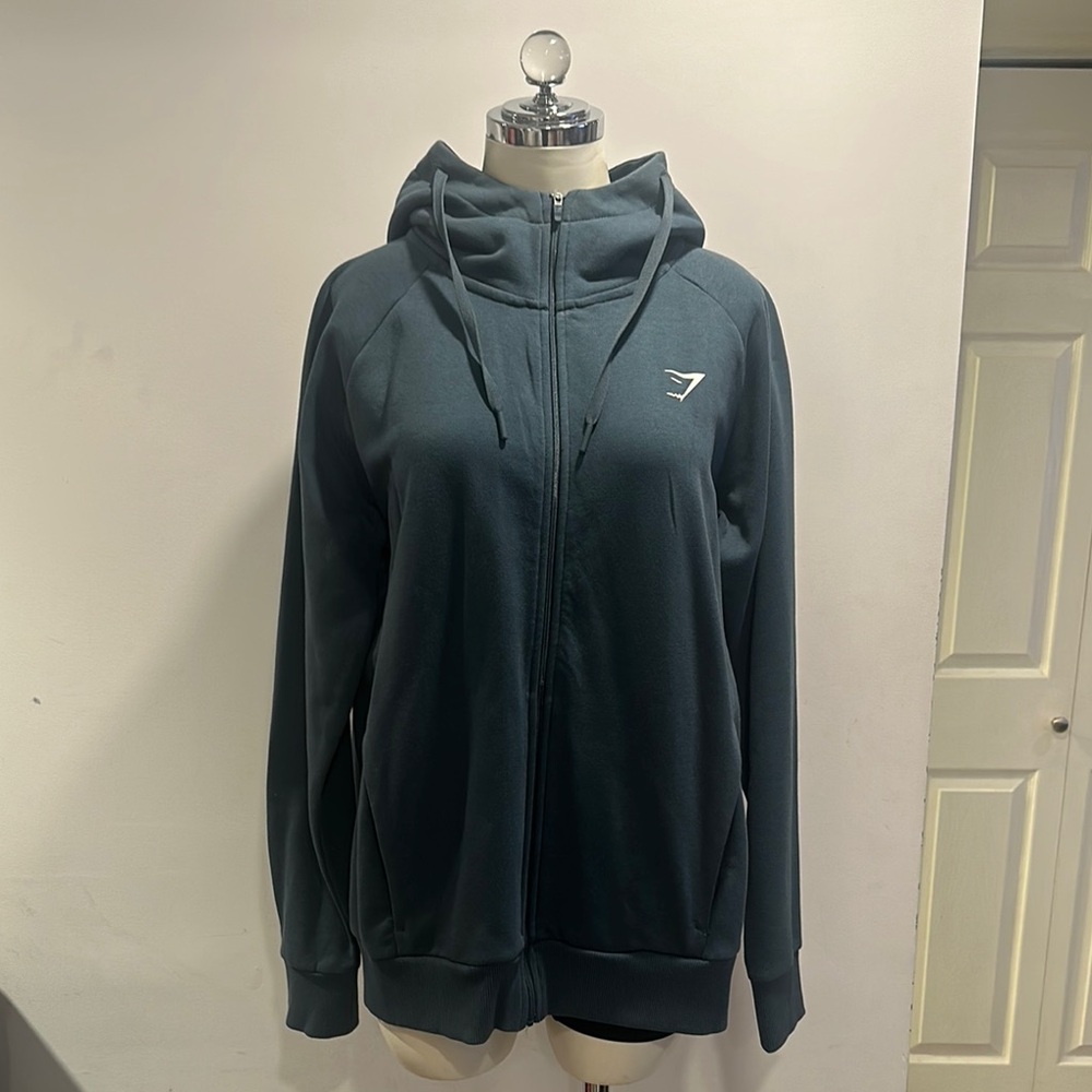 Gymshark Green/Teal Zip-Up Jacket with Hood and Ribbed Cuffs